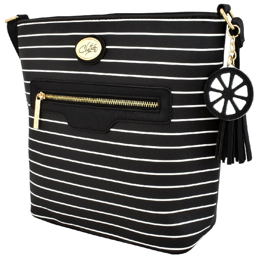 Bolsa [Chatties] tipo crossbody con diseño de rayas  y tassel color negro