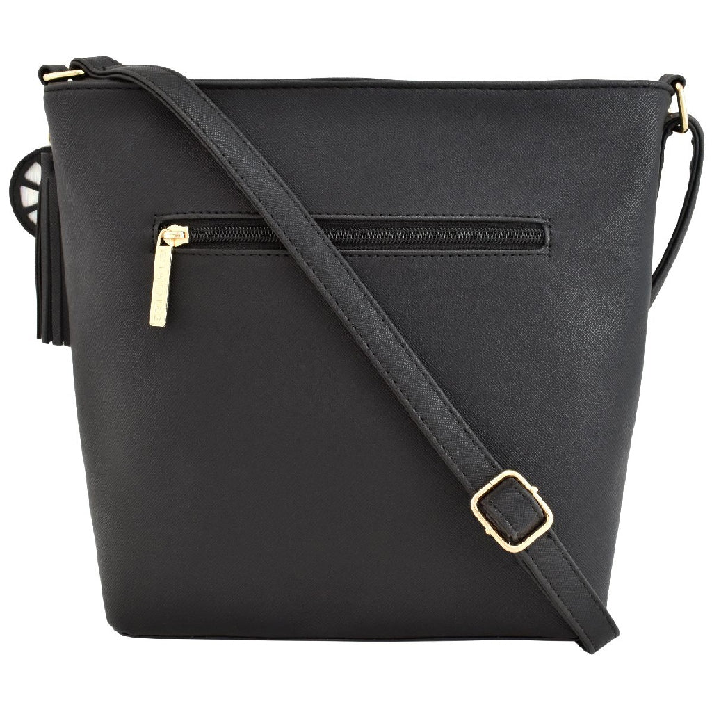 Bolsa [Chatties] tipo crossbody con diseño de rayas  y tassel color negro