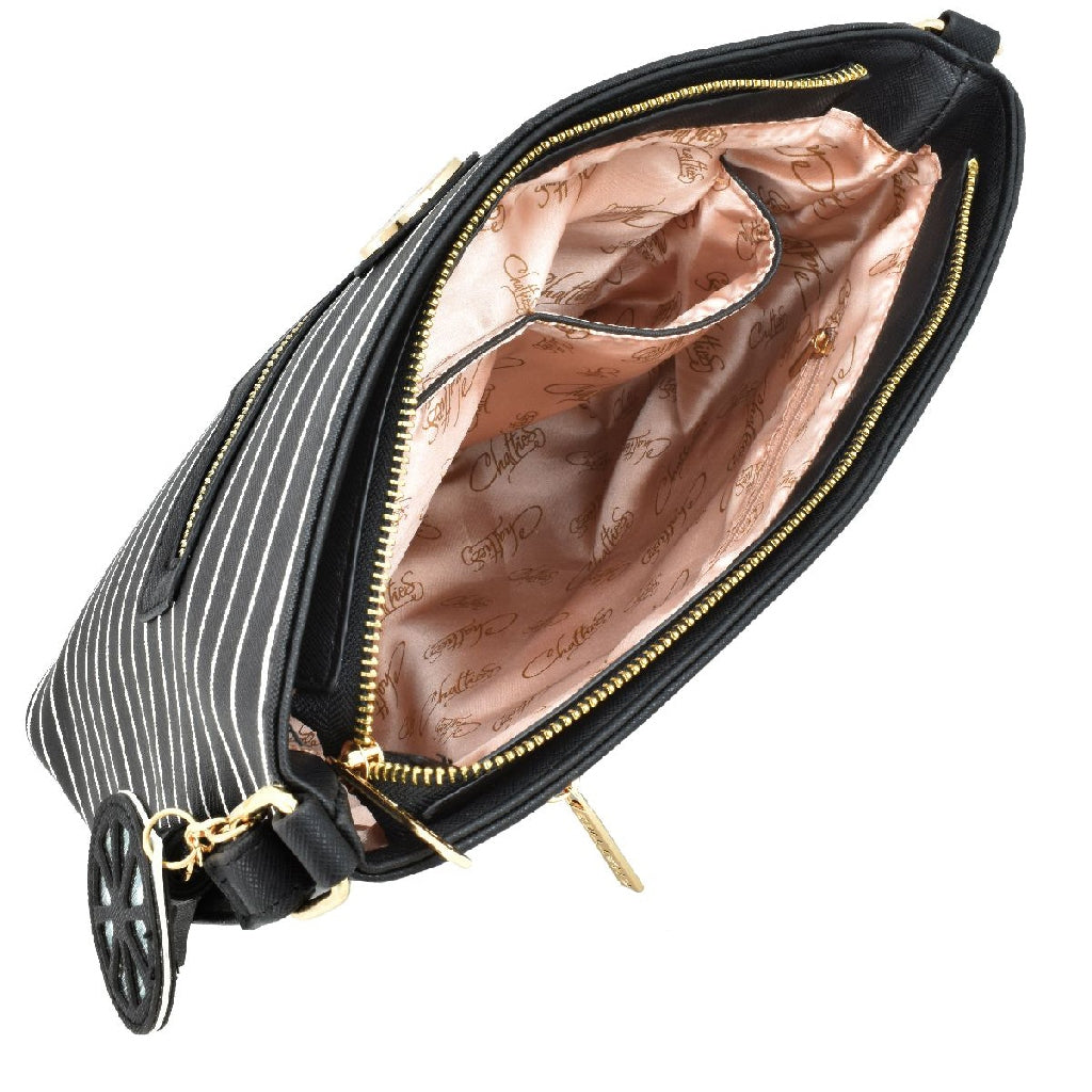 Bolsa [Chatties] tipo crossbody con diseño de rayas  y tassel color negro