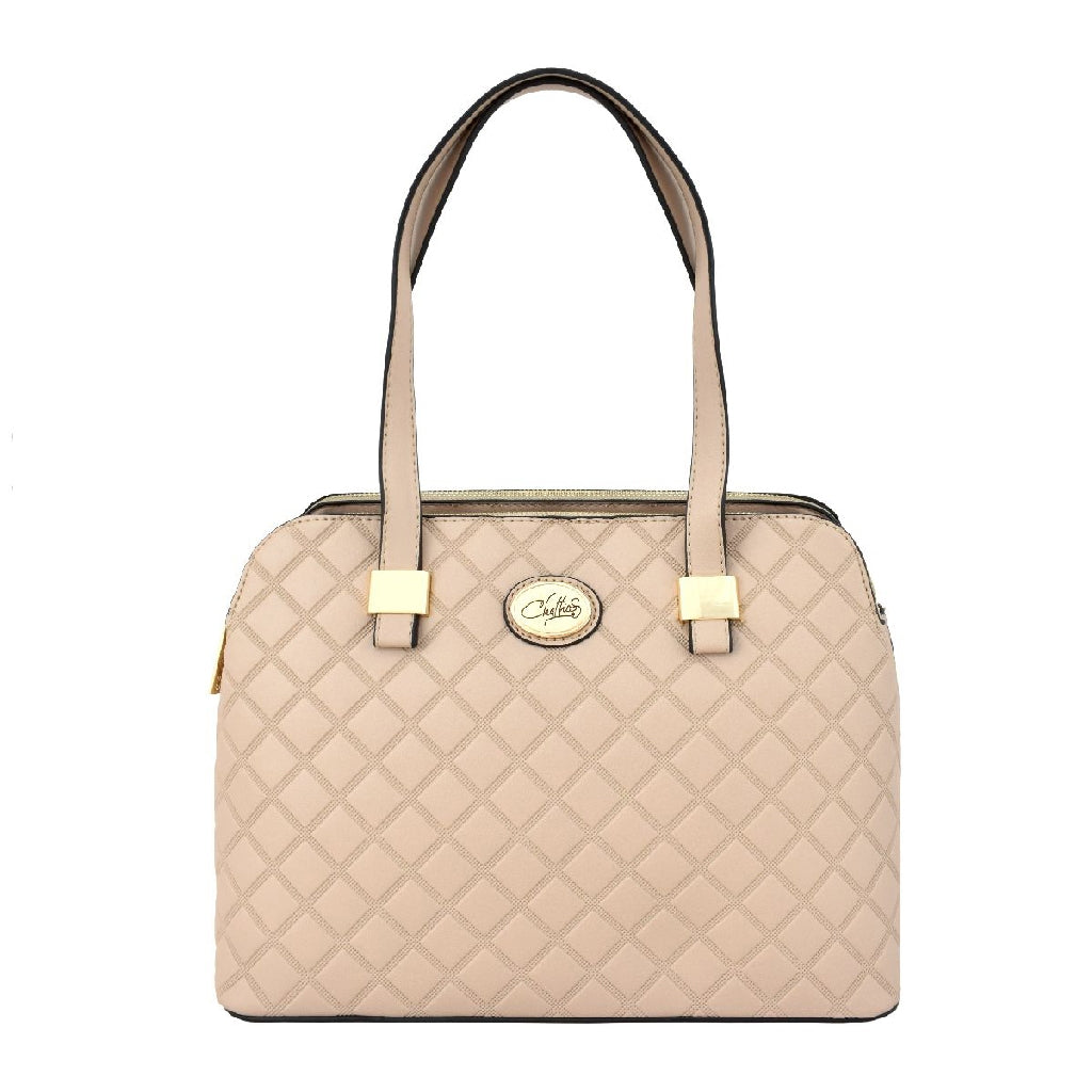 Bolsa [Chatties] tipo mini tote con divisiones y triple compartimiento diseño de rombos color beige