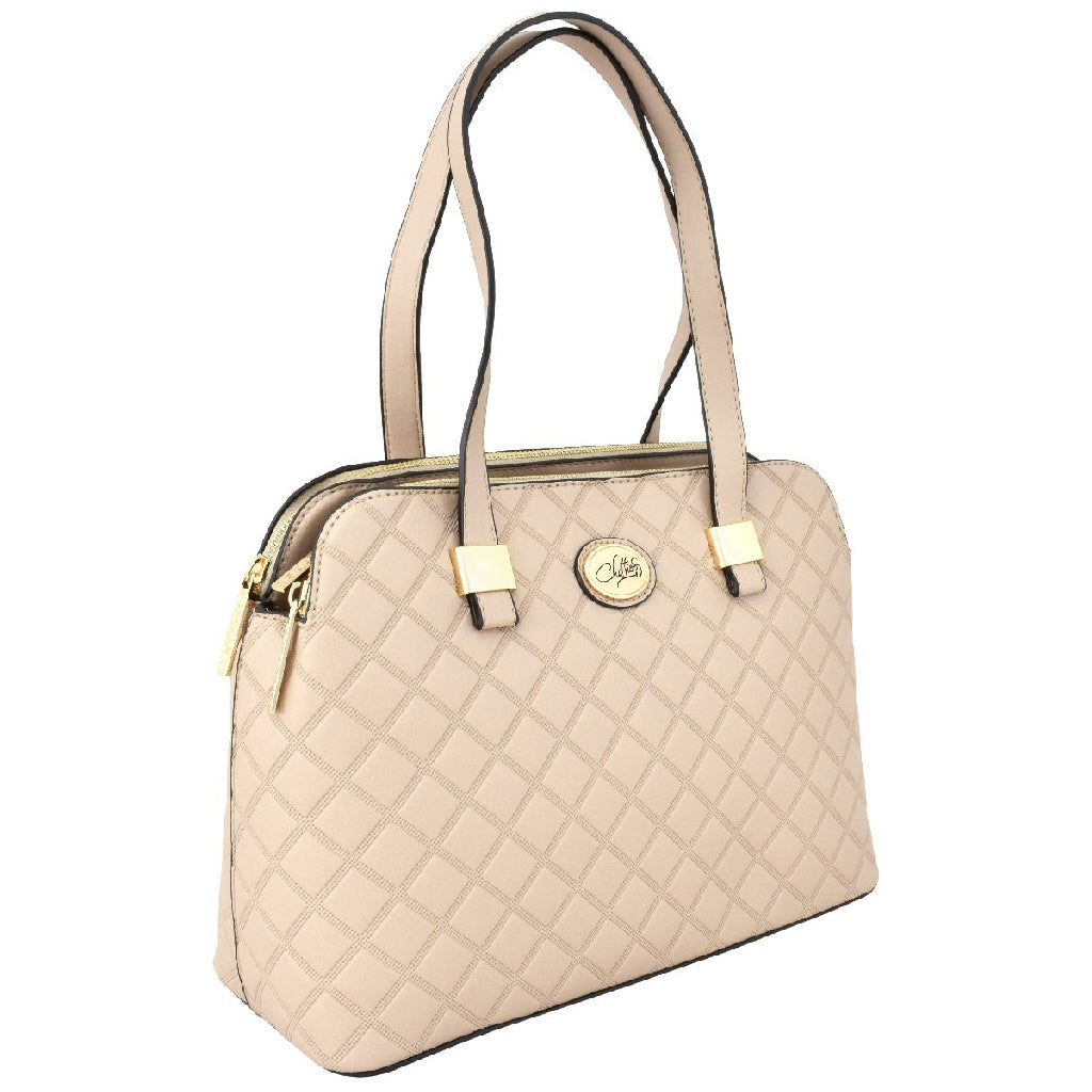 Bolsa [Chatties] tipo mini tote con divisiones y triple compartimiento diseño de rombos color beige