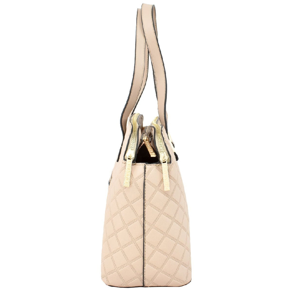 Bolsa [Chatties] tipo mini tote con divisiones y triple compartimiento diseño de rombos color beige