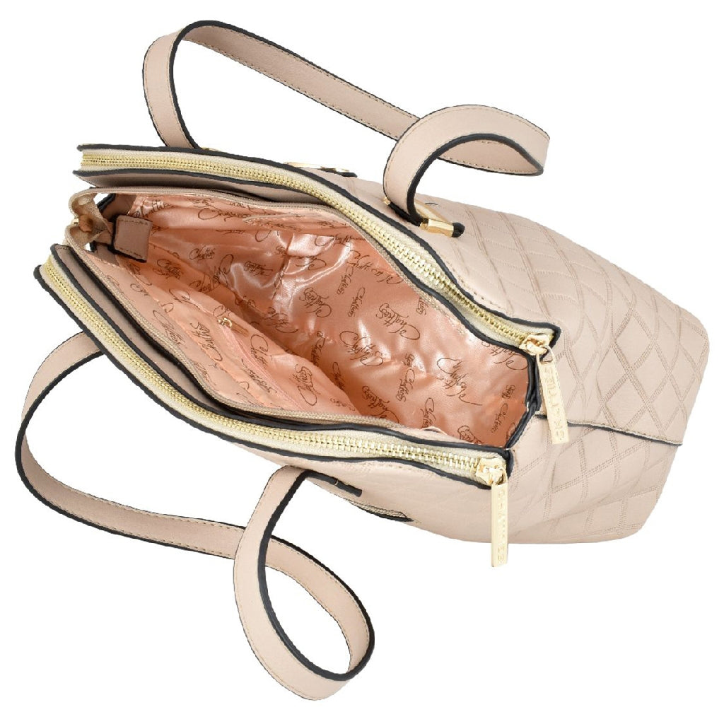 Bolsa [Chatties] tipo mini tote con divisiones y triple compartimiento diseño de rombos color beige