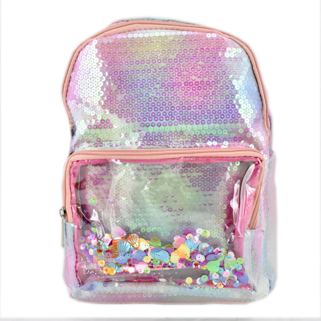 Mini backpack Peschelle de lentejuelas con bolsa frontal transparente multicolor