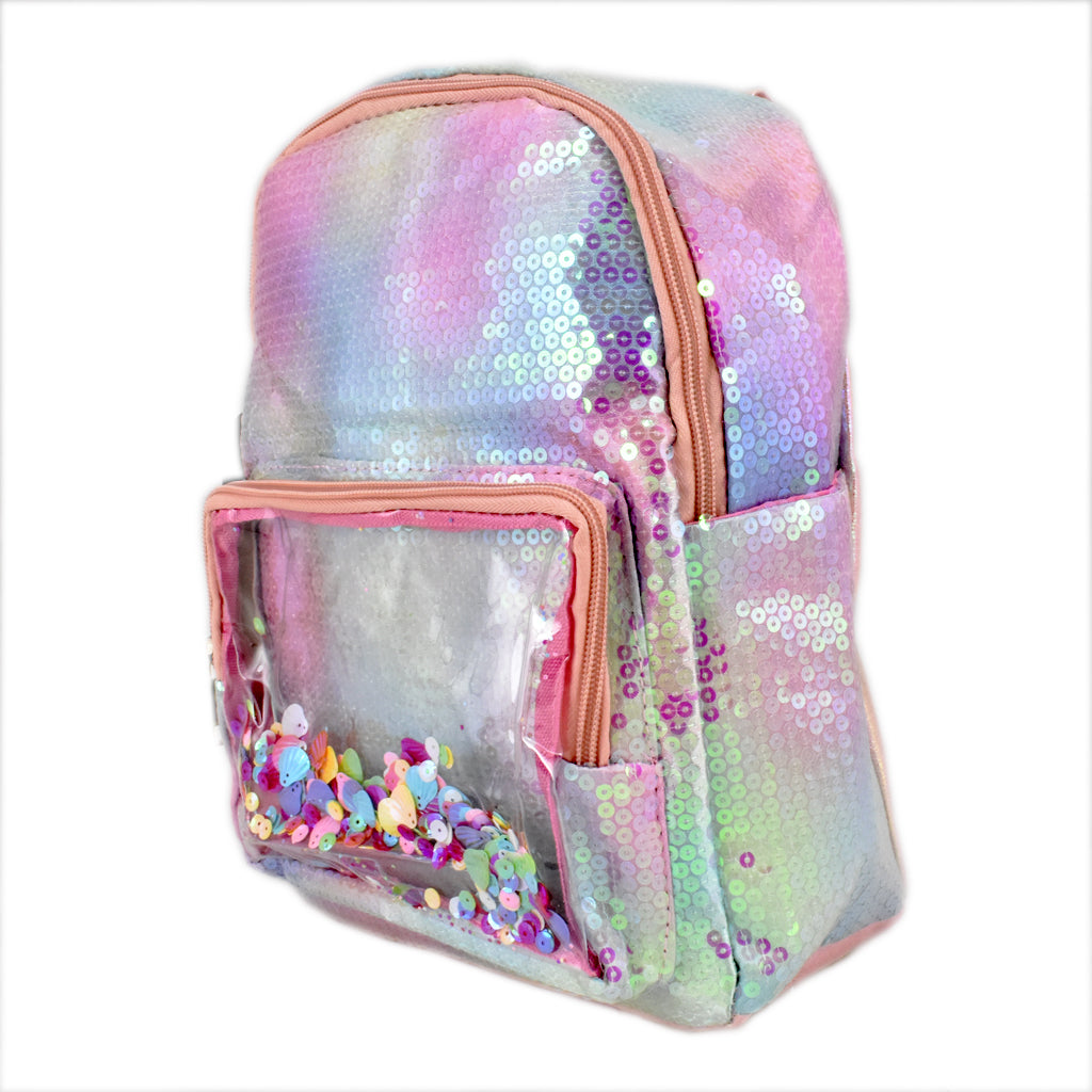 Mini backpack Peschelle de lentejuelas con bolsa frontal transparente multicolor