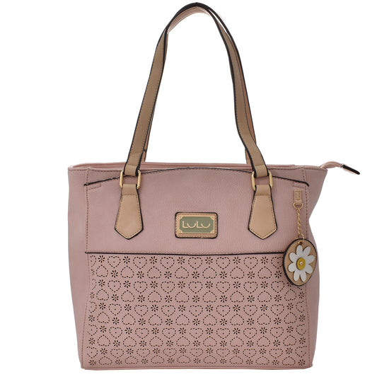 Bolsa [Lulu] tipo tote con diseño  en corte laser de flores y corazones color rosa