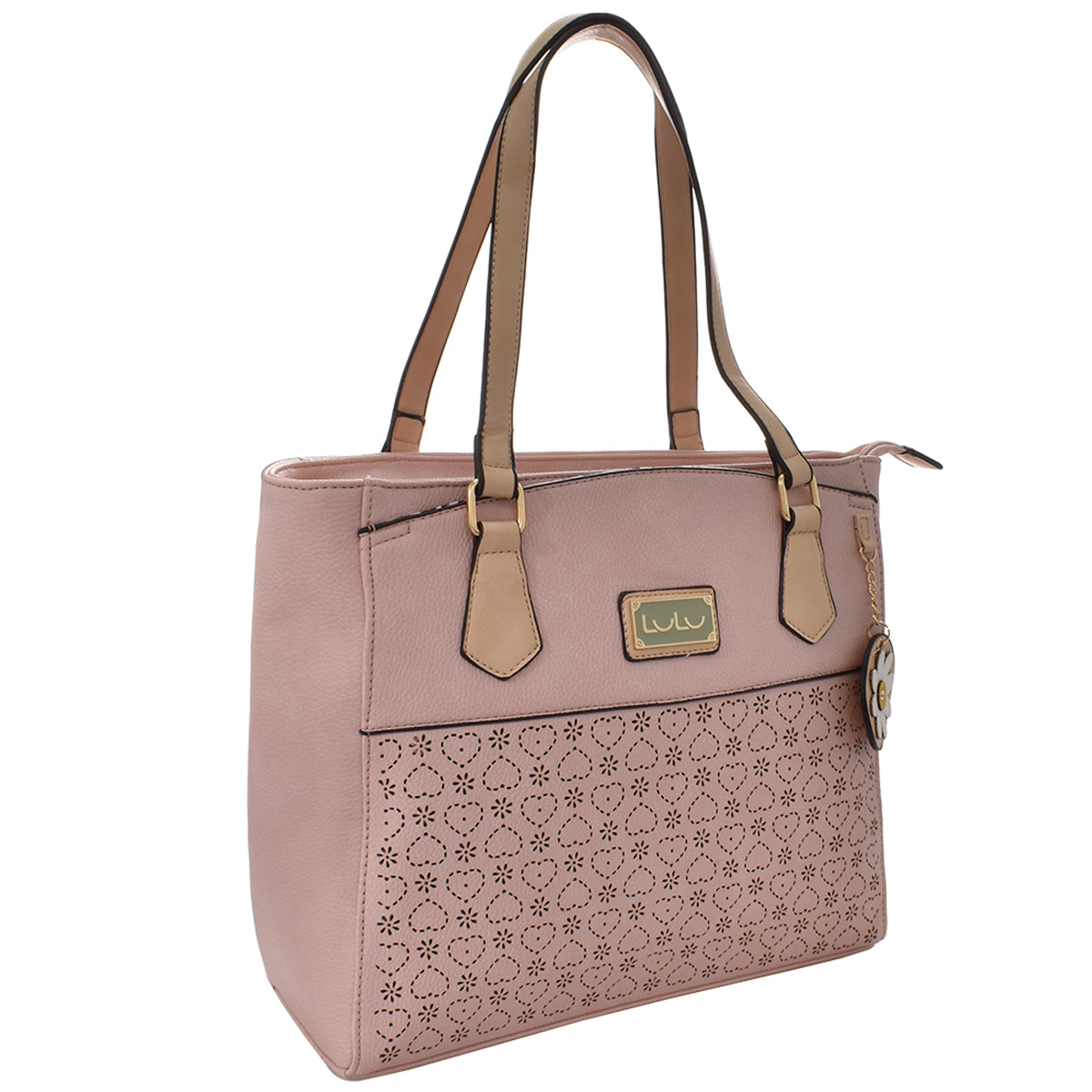 Bolsa [Lulu] tipo tote con diseño  en corte laser de flores y corazones color rosa