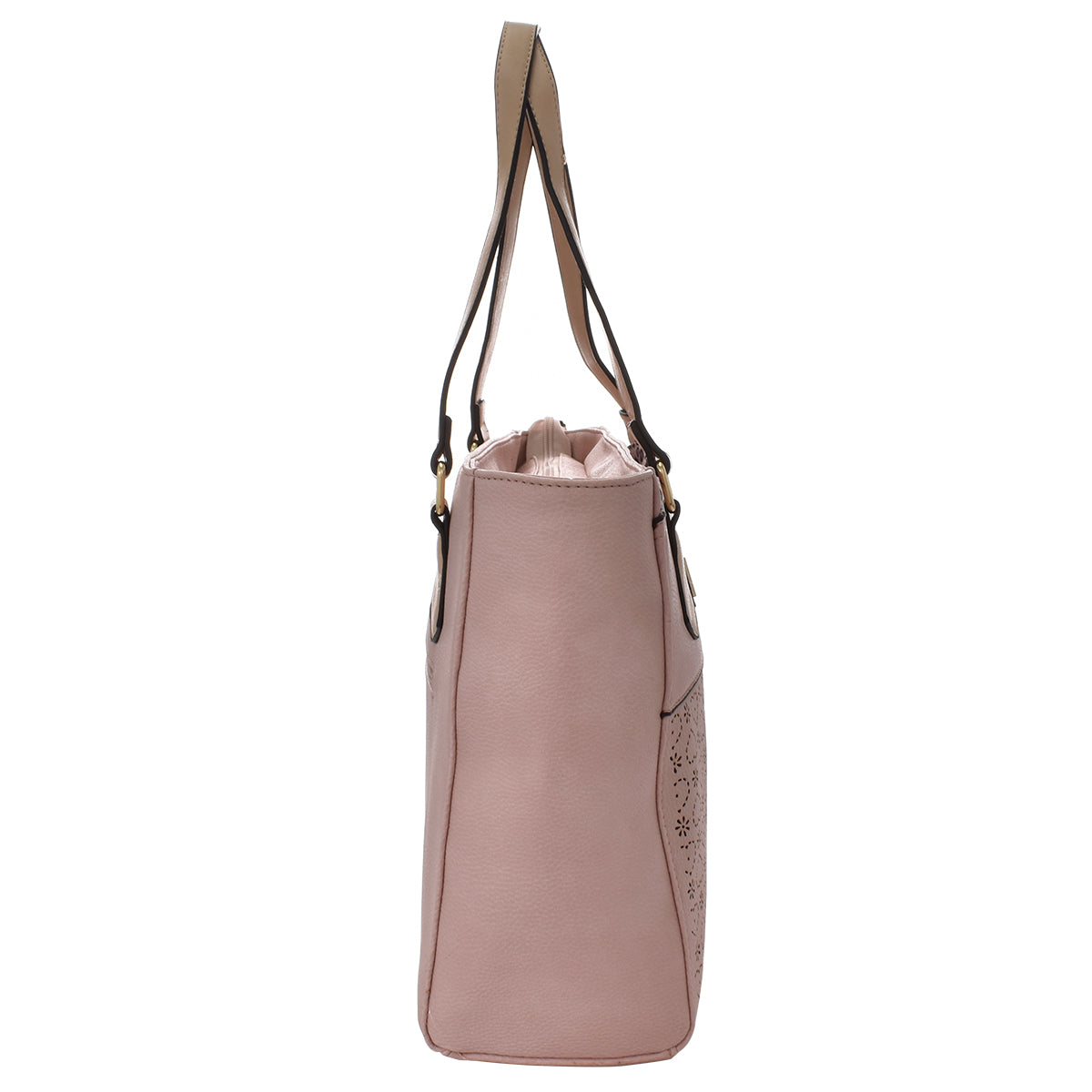Bolsa [Lulu] tipo tote con diseño  en corte laser de flores y corazones color rosa