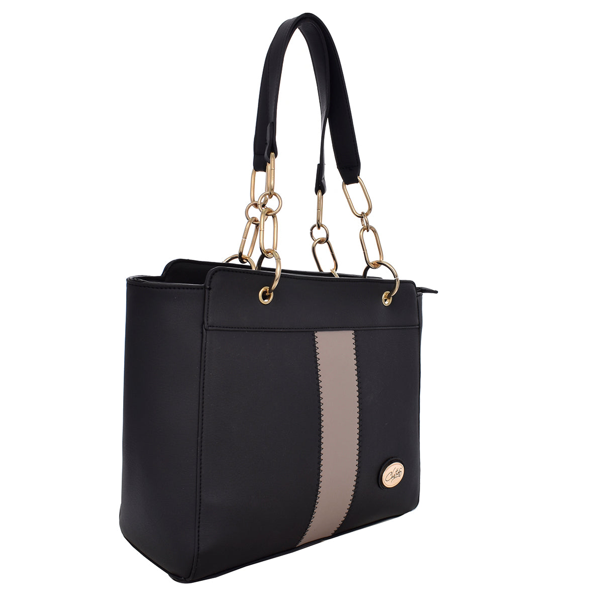 Bolsa [Chatties] tipo tote con franja y asa de cadena con detalles dorados color negro