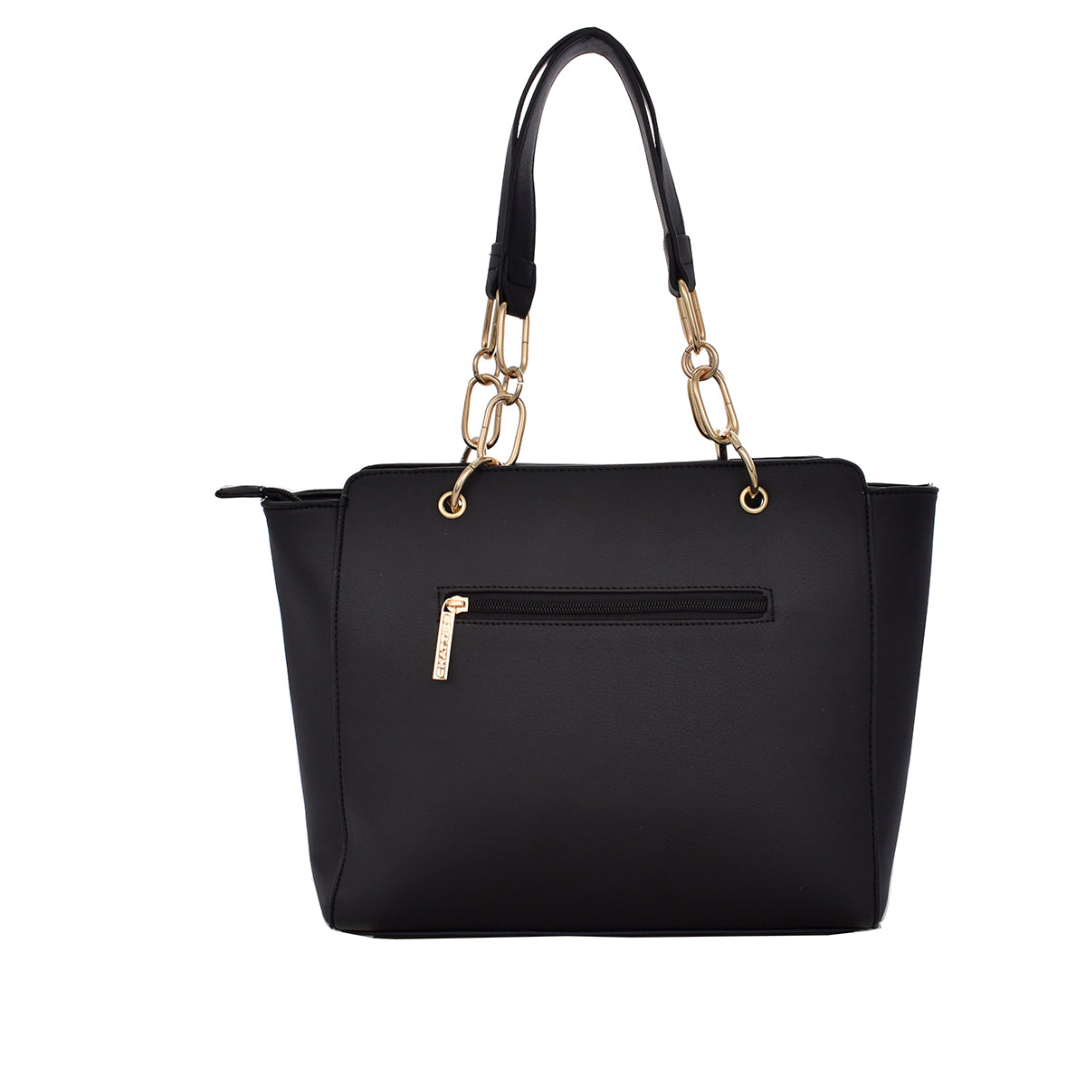 Bolsa [Chatties] tipo tote con franja y asa de cadena con detalles dorados color negro