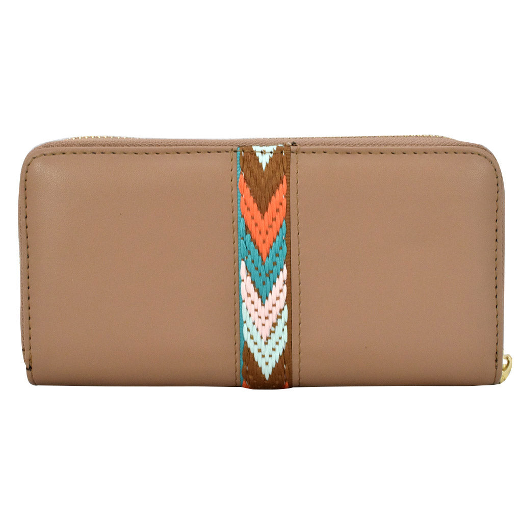 Cartera para dama Peschelle con franja bordada y detalle de tigre color nude