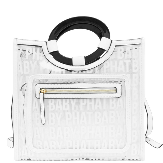 Bolsa [Baby Phat] tipo tote transparente con nombre de la marca estampado y monedero con correa color blanco
