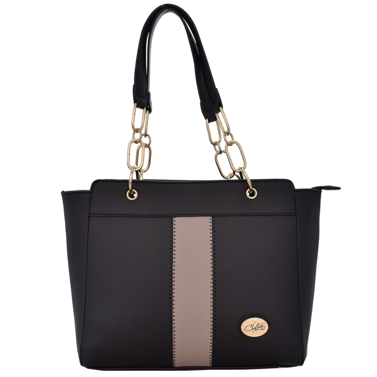 Bolsa [Chatties] tipo tote con franja y asa de cadena con detalles dorados color negro