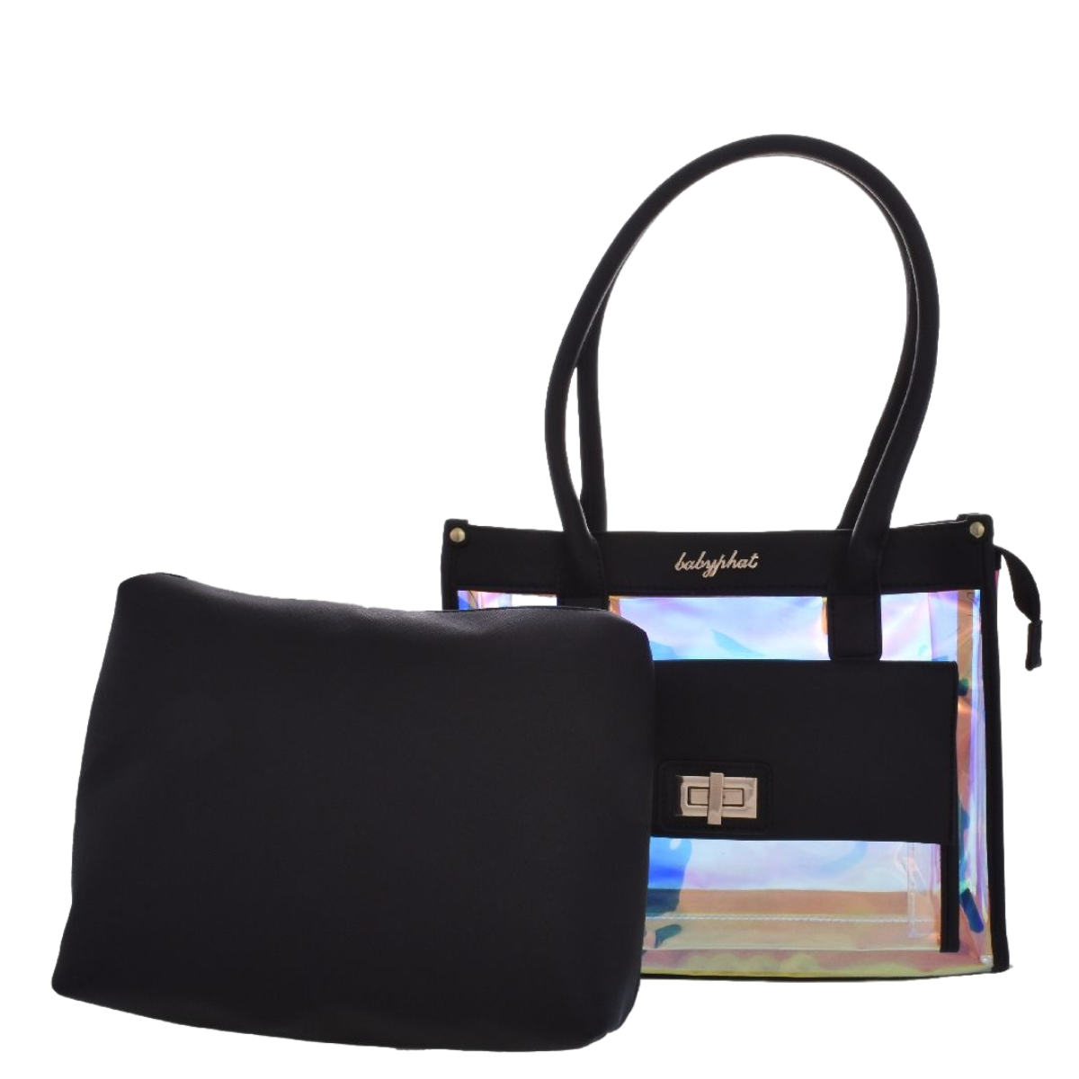 Bolsa [Baby Phat] tipo tote transparente 2 en 1 con cosmetiquera color tornasol