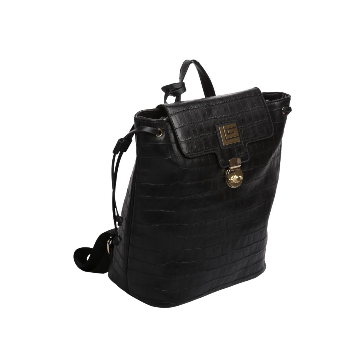Backpack [Guy Laroche] con diseño animal print estilo piel de cocodrilo con broche frontal color negro