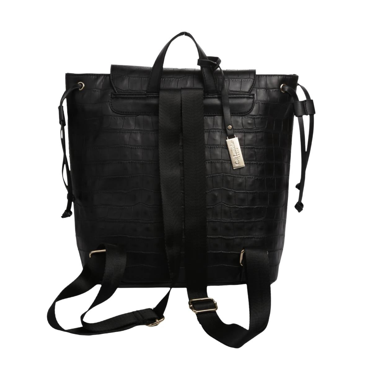 Backpack [Guy Laroche] con diseño animal print estilo piel de cocodrilo con broche frontal color negro