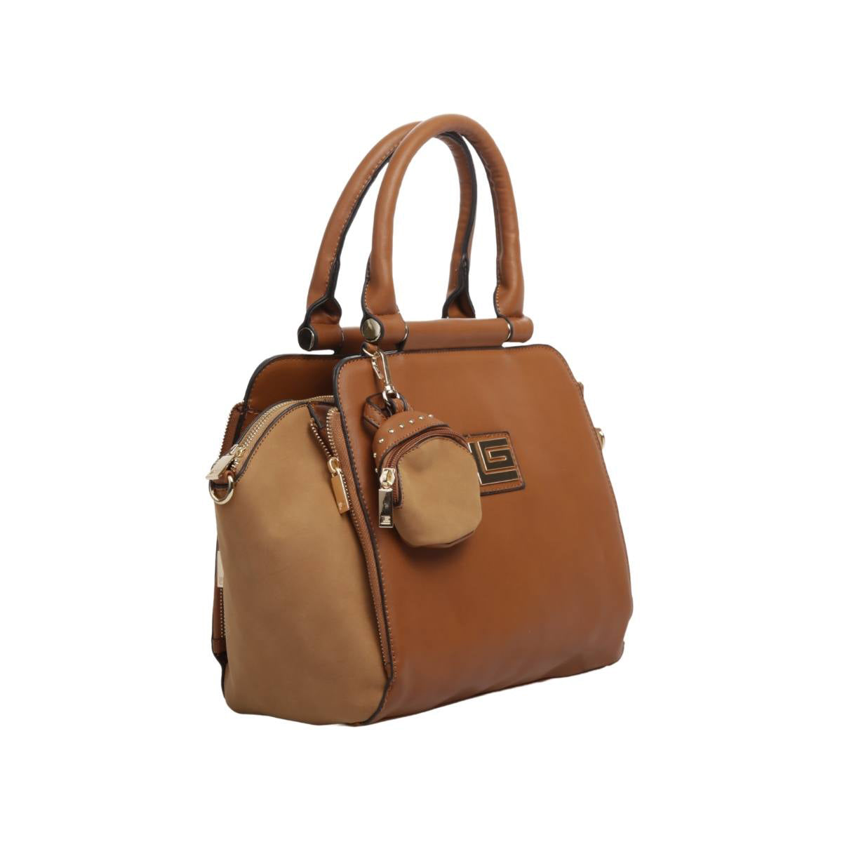 Bolsa [Guy Laroche] tipo mini tote con divisiones interiores y monedero color camel