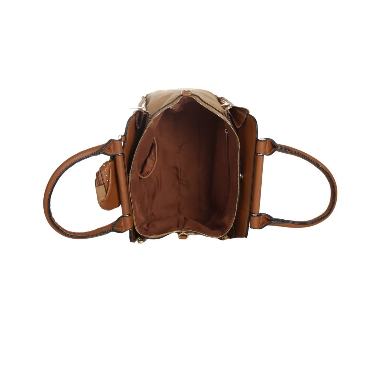 Bolsa [Guy Laroche] tipo mini tote con divisiones interiores y monedero color camel