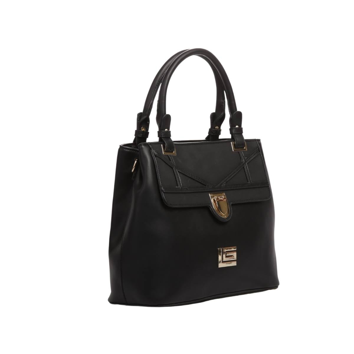 Bolsa [Guy Laroche] tipo Satchel crossbody diseño elegante con broche con detalles dorados color negro
