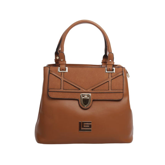 Bolsa [Guy Laroche] tipo Satchel crossbody diseño elegante con broche con detalles dorados color camel