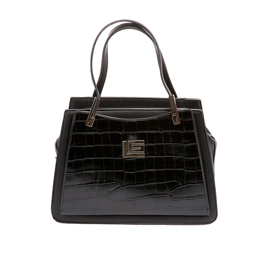 Bolsa [Guy Laroche] tipo satchel crossbody diseño con textura con detalles dorados color negro