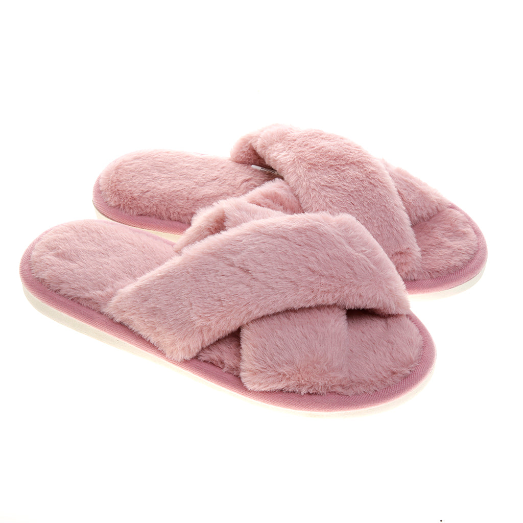 Pantufla [Peschelle] afelpada con diseño cruzado color rosa