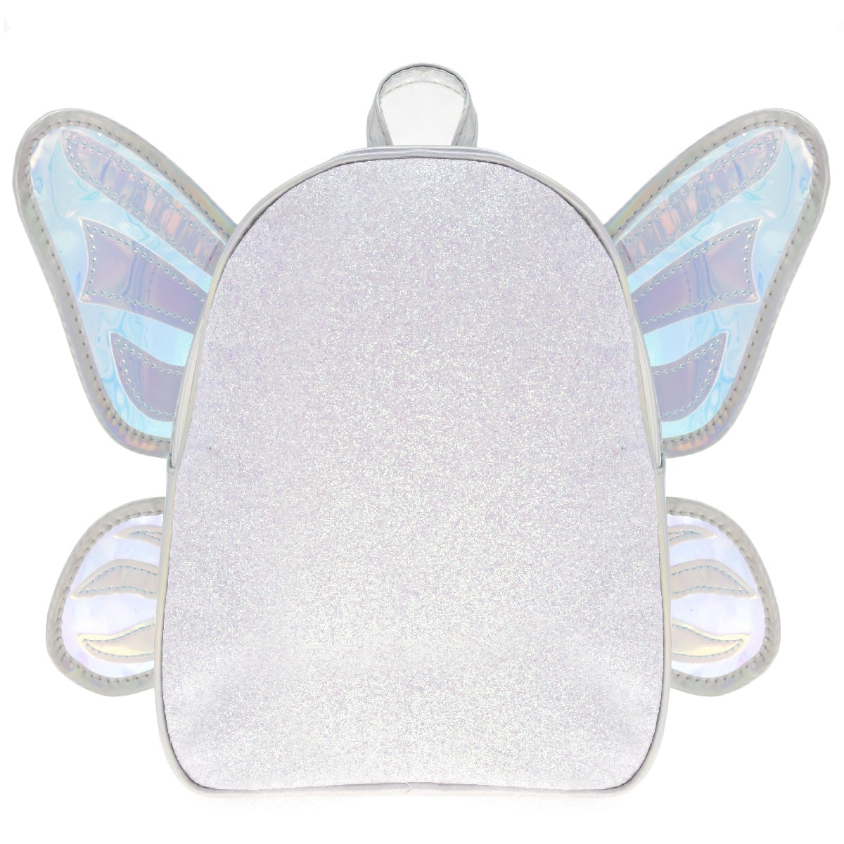 Mini backpack [Lulu] con glitter y diseño de alas de mariposa color plata tornasol