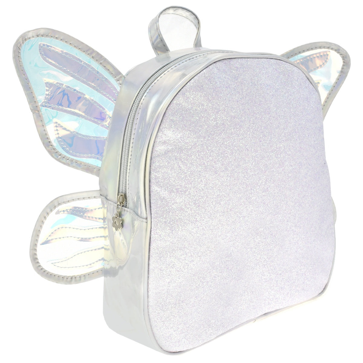Mini backpack [Lulu] con glitter y diseño de alas de mariposa color plata tornasol