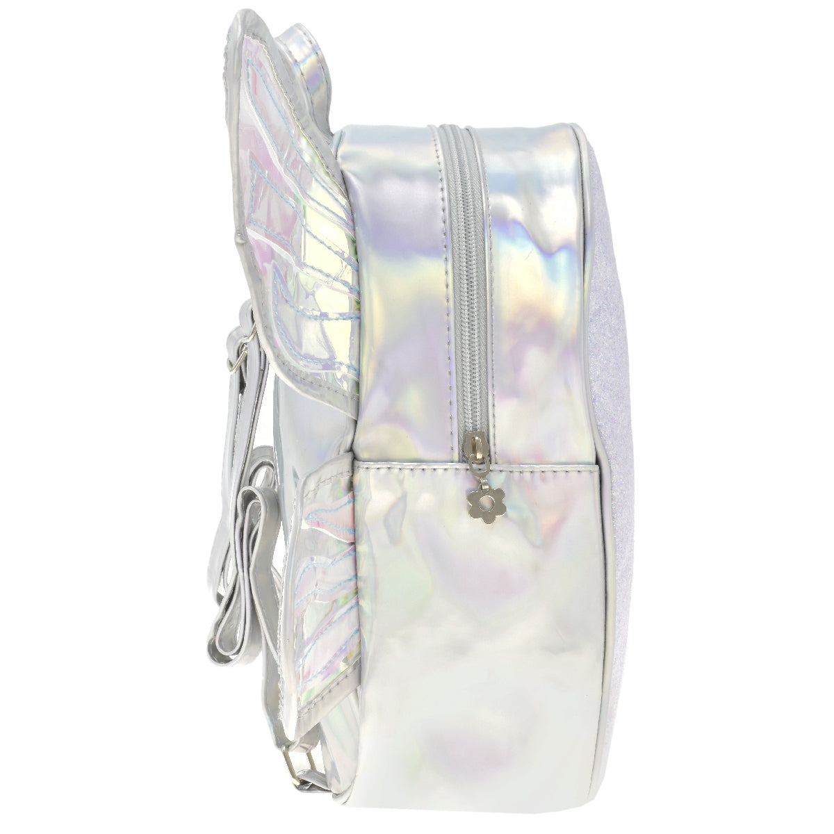 Mini backpack [Lulu] con glitter y diseño de alas de mariposa color plata tornasol
