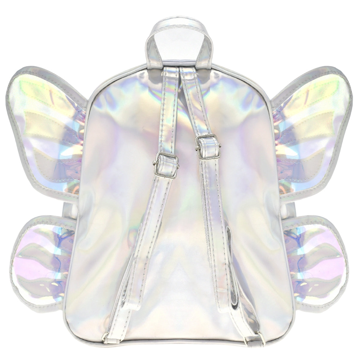 Mini backpack [Lulu] con glitter y diseño de alas de mariposa color plata tornasol