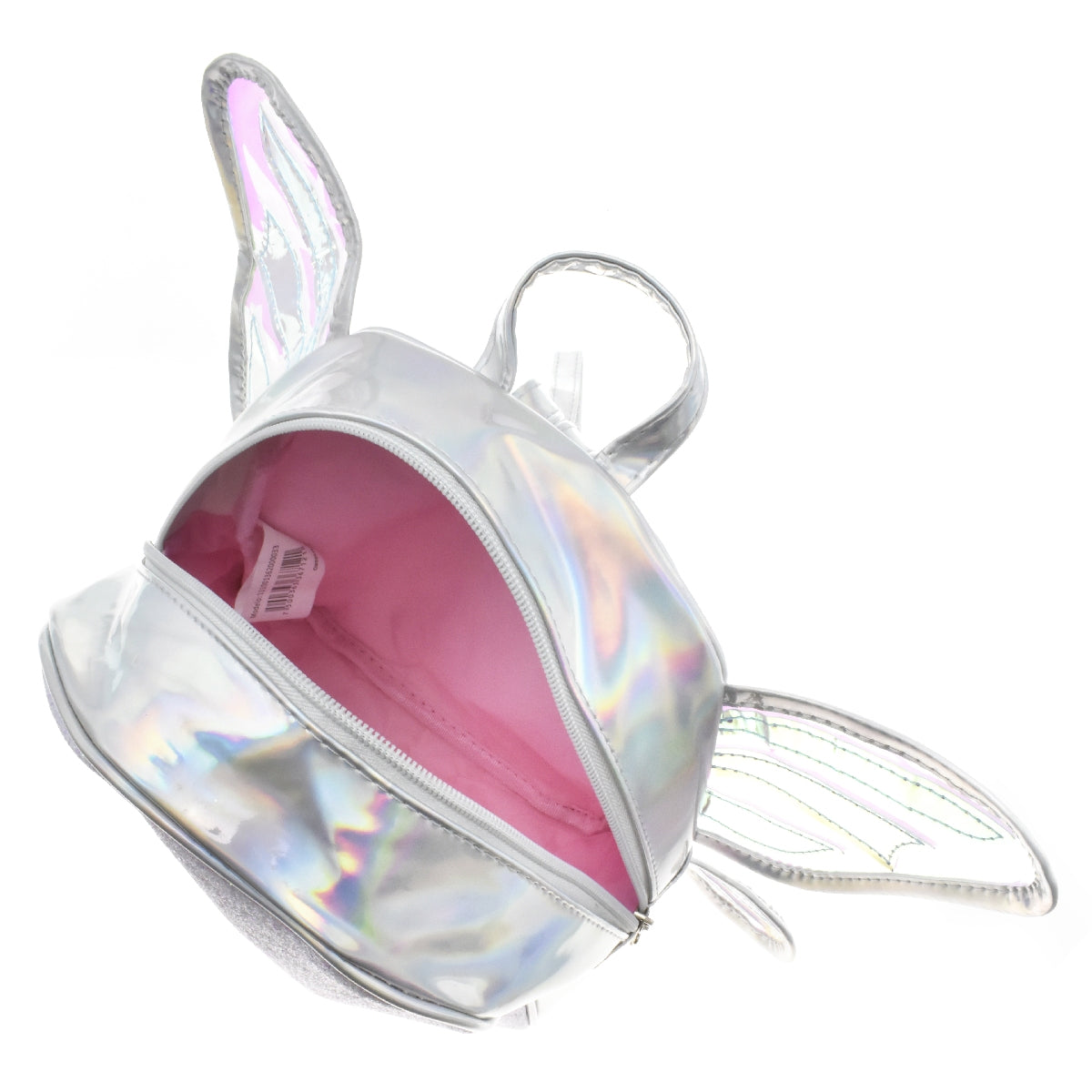 Mini backpack [Lulu] con glitter y diseño de alas de mariposa color plata tornasol