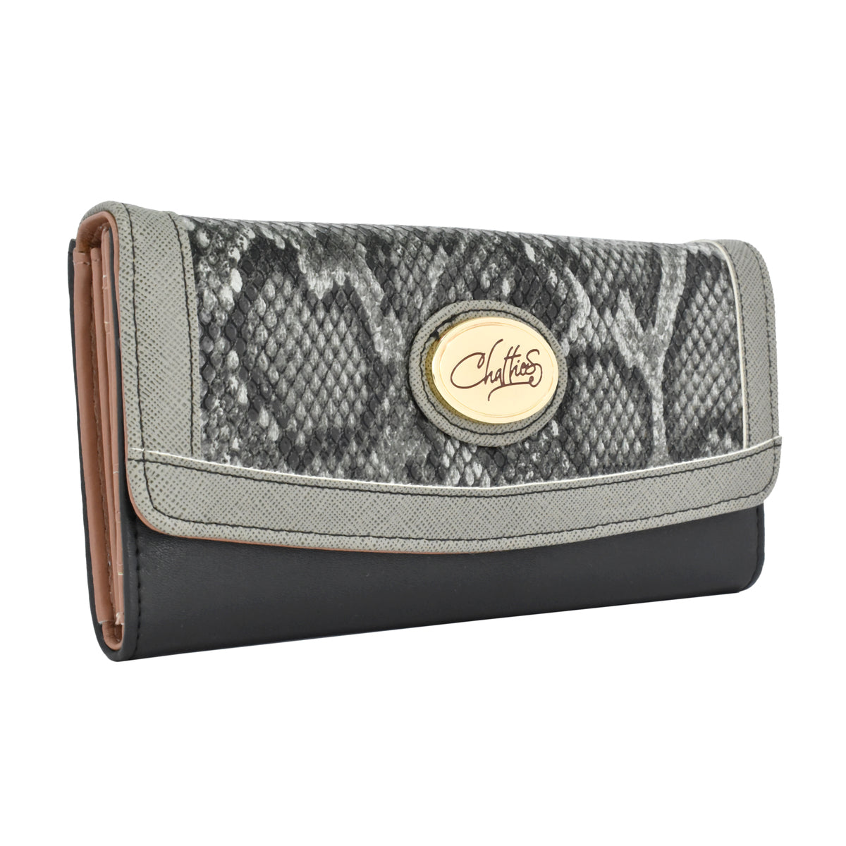 Cartera para dama Chatties de broche con diseño animal print tipo serpiente color negro