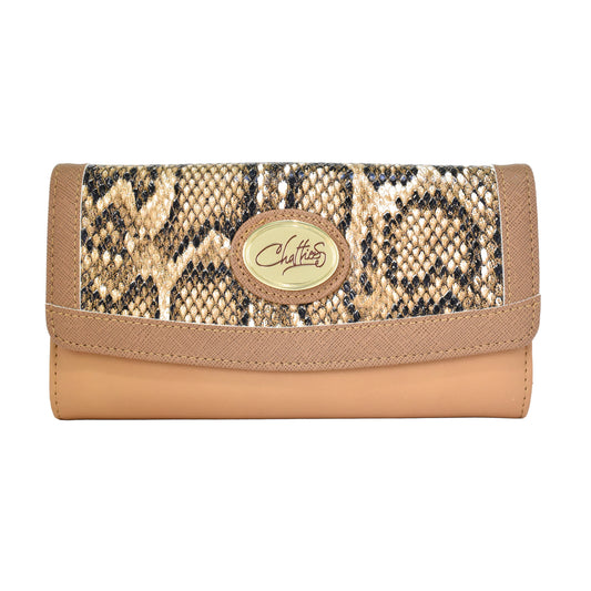 Cartera para dama Chatties de broche con diseño animal print tipo serpiente color camel