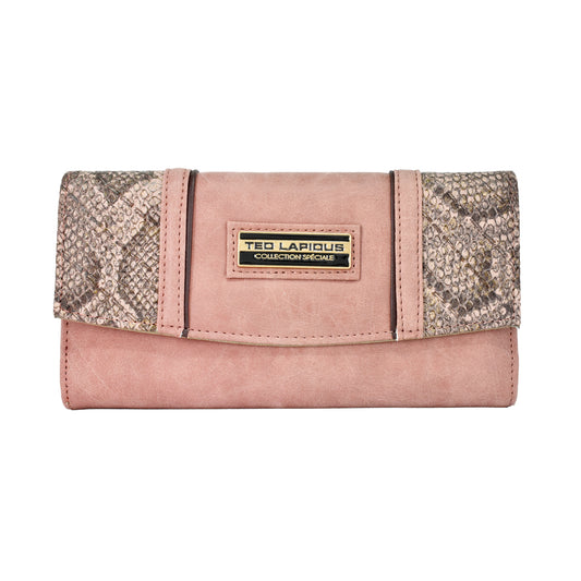 Cartera para dama Ted Lapidus con franjas  estilo animal Print tipo piel de serpiente color rosa
