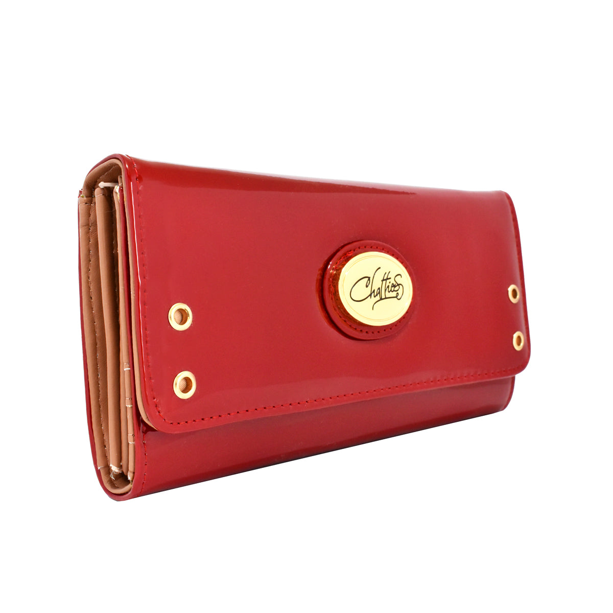 Cartera para dama Chatties de charol con detalles dorados color rojo