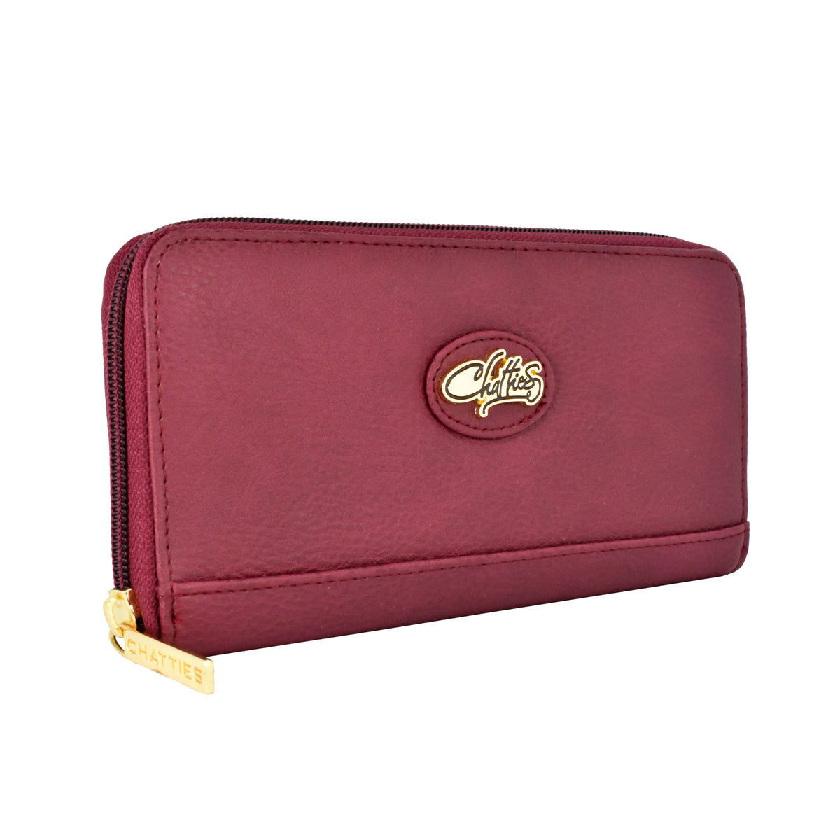 Cartera para dama Chatties de cierre con detalles dorados color vino