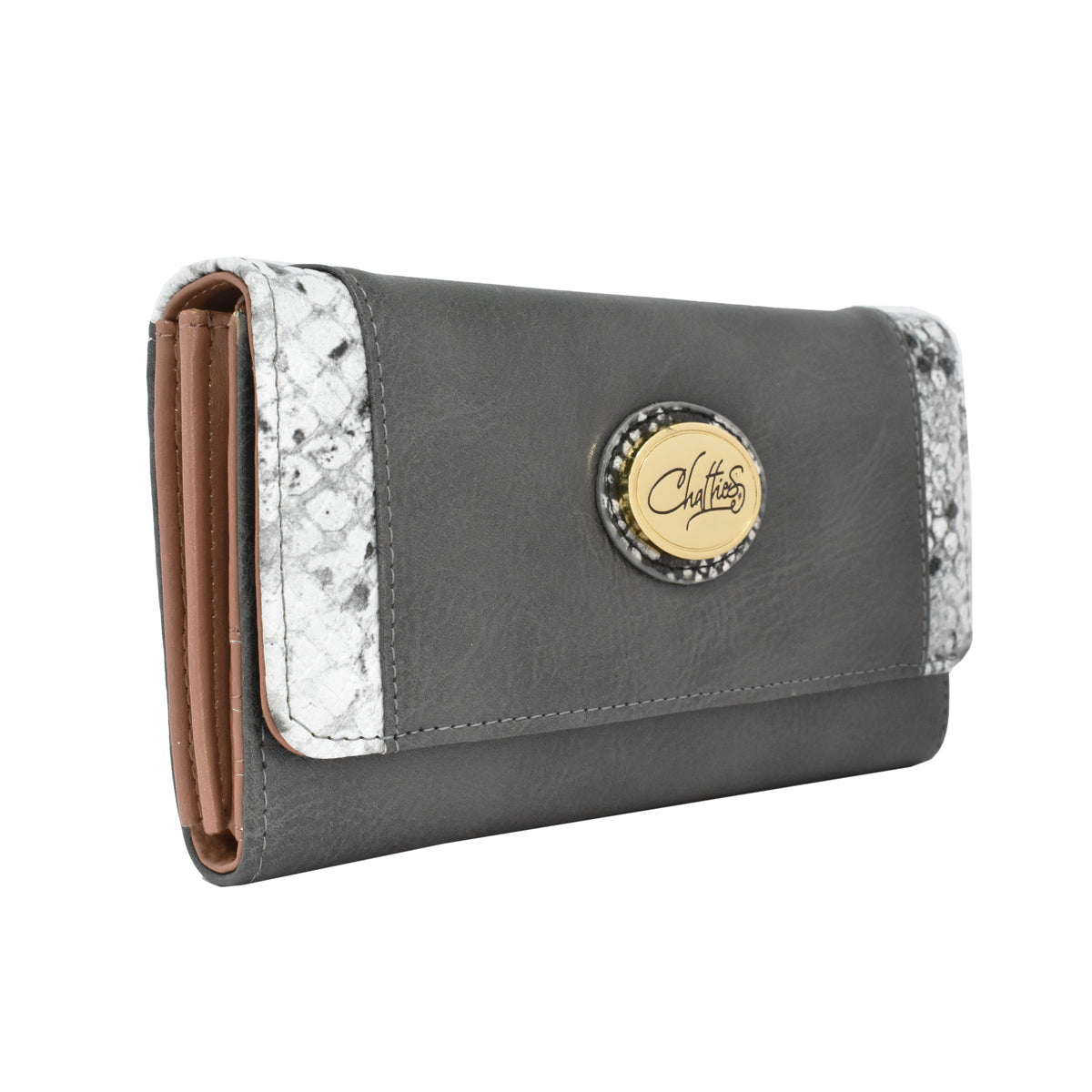 artera para dama Chatties de broche con franjas diseño animal print estilo piel de serpiente gris