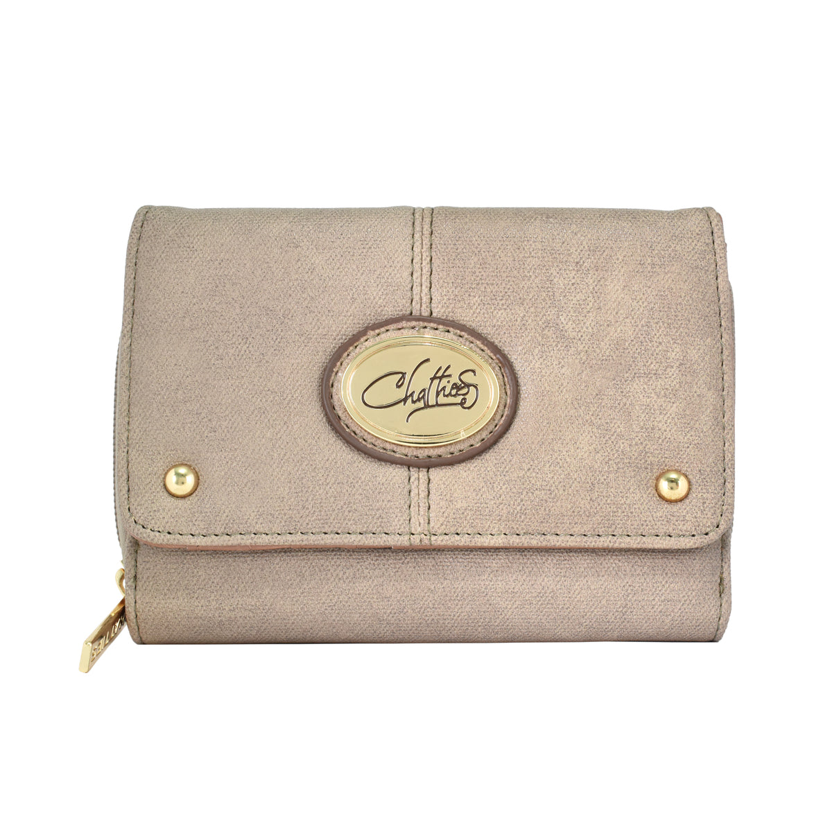 Cartera para dama doble Chatties de broche y cierre con detalles dorados color taupé