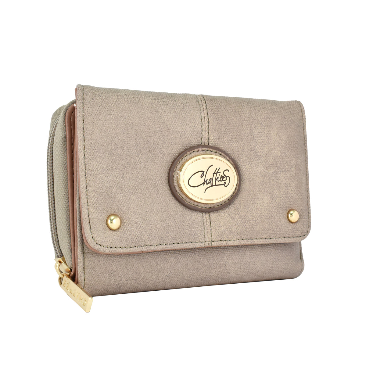 Cartera para dama doble Chatties de broche y cierre con detalles dorados color taupé