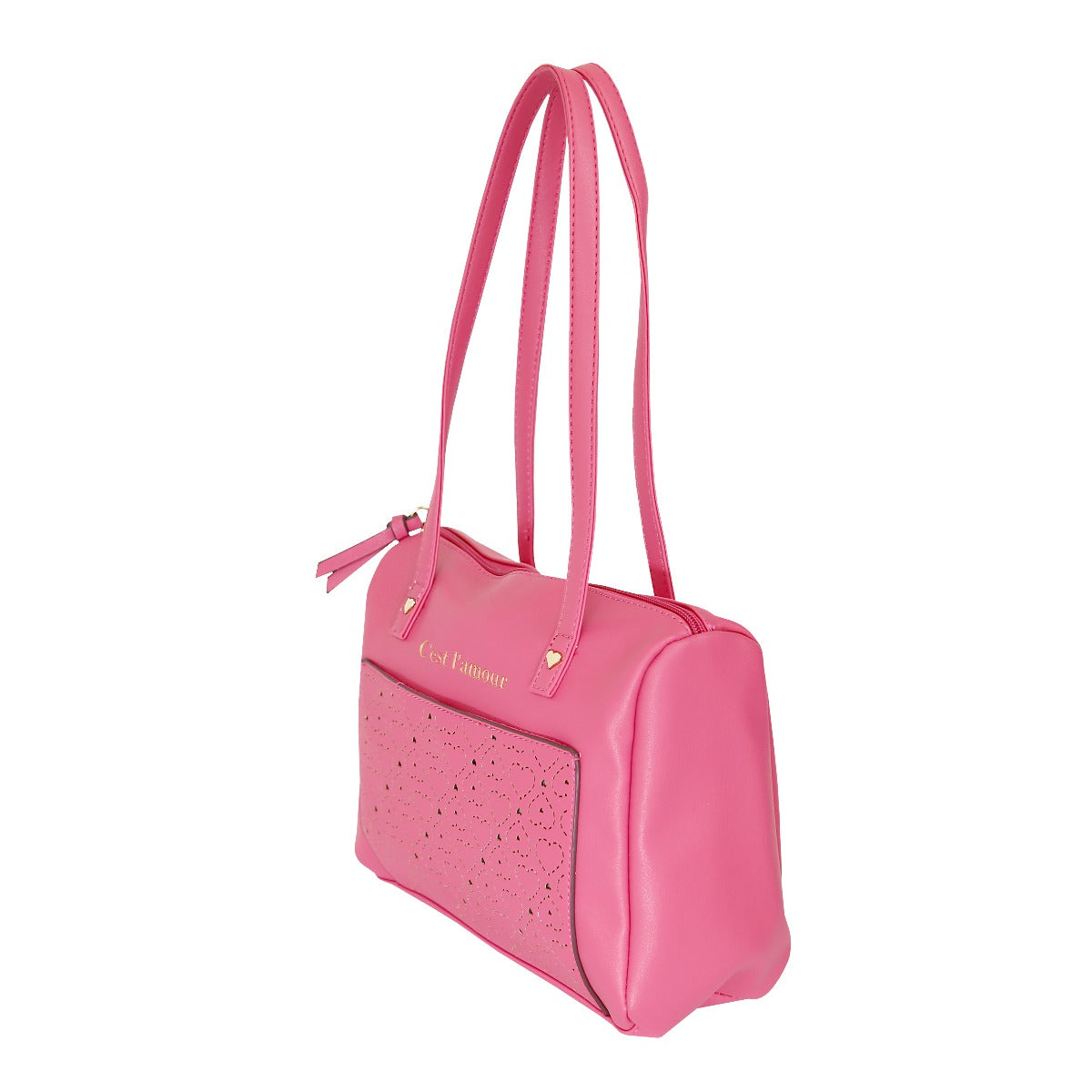 Bolsa Lulu tipo tsatchel con diseño de corazones hechos con corte laser color rosa